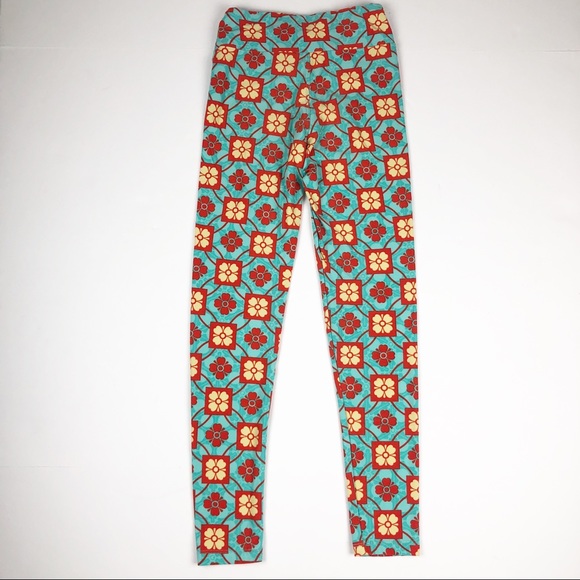 LuLaRoe Tween Blue Orange Yellow Print Leggings - Picture 3 of 9